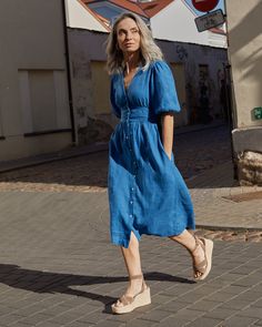 Midi linen dress MODICA in Cobalt blue | MagicLinen Midi Linen Dress, Shell Buttons, The Girl Who, Linen Dress, Cobalt Blue, Three Quarter, Fit And Flare, Cobalt, To Look