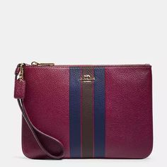 Burgundy/Purple Plum With Navy Blue And Brown Stripes Leather. Gold Hardware. Zipper Closure. Inside 2 Card Slots. Size; W 9 1/2'' X H 7'' X D 1/2''. With Care Card. # J1981-F79898 Coach New Jes Gallery Pouch Varsity Stripe F79898 Leather. 2011215/178 Gynewc5 First Photo Is Stock And Last Is To Give You An Idea Of Size (W 9.25'' X H 6.75'') And First Photo Is Stock. Purple Pouch Shoulder Bag With Zipper Closure, Purple Zipper Closure Pouch Shoulder Bag, Purple Pouch Bags With Zipper, Purple Pouch Bag With Zipper, Purple Bag With Zipper Pouch For Daily Use, Daily Use Purple Bag With Zipper Pouch, Purple Rectangular Bag With Zipper Pouch, Purple Travel Bag With Zipper Pouch, Purple Zipper Pouch Travel Bag