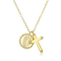 Gold Cross Charm Necklace. Plated Medallion Jewelry Gift, Medallion Shaped Plated Jewelry Gift, Silver Gold-plated Jewelry With Coin Pendant, Gold Sterling Silver Chain Necklace With Oval Pendant, Gold Plated Silver Amulet Charm Necklaces, Silver Plated Round Pendant Charm Necklace, Elegant Silver Coin Necklace Gold Plated, Elegant Silver Gold Plated Coin Necklace, Elegant Silver Gold-plated Coin Necklace