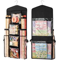 two black hanging storage racks with various items inside each one and the other is filled with wrapping