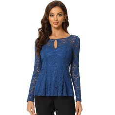 Elevate your wardrobe with this stunning peplum blouse that flatters your figure and adds an air of elegance to your essentials. This lace peplum top is a true beauty, featuring a peplum waist, a front keyhole, and intricate floral prints that are bound to turn heads. It is perfect for any occasion, including weddings, parties, cocktails, and more. You can pair it with your favorite jeans, pants, or skirts to complete a chic and sophisticated look. The fabric is not only stunning but also soft, Fitted Lace Trim Peplum Top, Fitted Peplum Tops With Lace Trim, Elegant Blue Lace Top, Fitted Lace Peplum Top, Fitted Blue Peplum Blouse, Lace Peplum Blouse, Three Quarter Sleeve Blouses, Lace Peplum Top, Sheer Long Sleeve