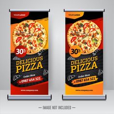 two roll up banners with pizzas on them