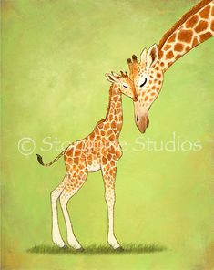 two giraffes standing next to each other on a green background