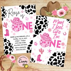 a cowgirl themed birthday party with pink and black decorations, cowboy boots, and flowers