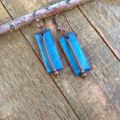 Unique Turquoise Copper Jewelry, Blue Metal Jewelry With Patina, Blue Patina Earrings For Gift, Unique Blue Copper Earrings, Artisan Blue Copper Earrings, Handmade Turquoise Enamel Earrings, Blue Artisan Copper Earrings, Blue Electroformed Metal Jewelry, Unique Turquoise Patina Earrings