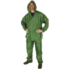 100% waterproof. Compact size. Snap button front. Ventilated under arms. Drawstring hood. Adjustable snaps on ankles. Elastic inner cuffs at wrists. Pants with elastic waistband. Made from .10mm PVC. Electronically welded seams. Size extra large. Green Waterproof Raincoat For Sports, Green Waterproof Sports Raincoat, Green Waterproof Nylon Raincoat, Green Waterproof Sporty Raincoat, Sporty Green Waterproof Raincoat, Mens Winter Gloves, Everyday Boots, Kid Gloves, Rain Pants