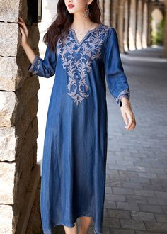 Handmade Blue V Neck Embroidered Silk Cotton Long Denim Dress Long SleeveFabric: Silk Cotton BlendedSize & Fit: Fit: This garment fits true to size.Length: Size M measures 45.24"from shoulder to hemBust: Great for any cup size. Waist: Loose Fit. Comfortable room throughout midsection.Hip: Loose Fit - room for hips. Hand Wash Cold. Embroidered Bohemian Denim Dress, Denim Blue Bohemian Long Sleeve Dress, Bohemian Long Sleeve Denim Blue Dress, Blue Embroidered Bohemian Denim Dress, Bohemian Embroidered Denim Dress, Blue Bohemian Embroidered Denim Dress, Embroidered Denim Blue Dress, Embroidered Denim Dress In Blue, Casual Embroidered Denim Dress