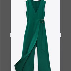 Long Sleeveless Jumpsuit With Wrapped V-Neckline And Pleats At Shoulders. Self Tie Belt With Metal Buckle. Back Hidden In Seam Zip Closure. Green V-neck Jumpsuits For Night Out, Green V-neck Jumpsuit For Date Night, Green V-neck Jumpsuit For Work, Elegant Sleeveless Green Pantsuit, Chic Green V-neck Jumpsuit, Zara Green V-neck Jumpsuits And Rompers, Green V-neck Jumpsuits And Rompers For Night Out, Elegant Sleeveless Green Jumpsuit, Chic Green Summer Pantsuit