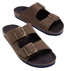 Complete Your Favorite Casual Outfits With These Distinctive Double-Strap Sandals. They're Crafted From Leather And And Feature A Flash Of Blue On The Sole. That Means They're Vibrant As Well As Durable (Double Tick). Thanks To A Cork Footbed That Offers Support And Absorbs Impact, These Are A Comfortable Choice. Now Just Slip Them On And Adjust The Brass Buckles To Find Your Perfect Fit. Upper 100% Nubuck Leather Insock Polyester Sole Man-Made Brand New. Never Worn. Minor Wear From Storage Men Casual Brown Sandals With Adjustable Strap, Brown Double Strap Footbed Sandals With Adjustable Strap, Brown Double Strap Sandals With Leather Footbed, Brown Double Strap Sandals For Vacation, Brown Double Strap Footbed Sandals For Summer, Casual Brown Footbed Sandals With Adjustable Strap, Brown Synthetic Double Strap Footbed Sandals, Adjustable Brown Slip-on Footbed Sandals, Timberland Earthkeepers