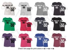 "Personalized Team Name, Text, Name & Number Adult Ladies V Neck Football Jersey Shirt All sizes from S - 3XL Available Attn: You can send us a message after the purchase OR add a note at checkout with the TEXT (name & team name) & NUMBER you would like along with the PRINT COLOR of your choice. For Example: If you choose a Black Shirt and you would like the Texts and Numbers to be printed in Red, please do the following: Front Name: Front Number: Back Name: Back Number: Print color Toddler Football, Skirt Ootd, Ootd Jeans, Football Jersey Shirt, Winter Necklace, Jersey Tshirt, Ladies Shirt, Personalized Football, Century Clothing