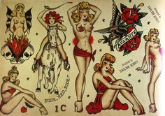 an old school pin up poster with women in swimsuits and tattoos on it