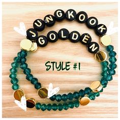 "2 bracelets \"Jungkook\" and \"Golden\" with green and gold beads. **2 STYLES AVAILABLE** Please indicate which STYLE under personalization. Bracelets are made to order.  More colors and style available.  Please message me for custom orders. Sizes available for adults and kids.  ^^adult bracelet measure at 6.5-7 inches^^ ^^child bracelet measure at 4.5-5 inches^^" Customized Gold Beaded Bracelets, Customized Adjustable Green Name Bracelet, Trendy Personalized Green Bracelets, Personalized Green Trendy Bracelets, Customized Trendy Green Jewelry, Customized Green Round Bead Jewelry, Customized Green Round Beads Jewelry, Trendy Customizable Green Jewelry, Customized Adjustable Green Beaded Bracelets