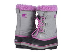 SOREL Kids Yoot Pac Nylon (Little Kid/Big Kid) - Girls Shoes : Chrome Grey/Orchid 1 : Winter days will be no match for the cozy and comfy construction of the SOREL Kids Yoot Pac Nylon boot! Mid-calf snow boot crafted in a waterproof nylon upper with a seam-sealed membrane. Seam-sealed membrane features a lace-up closure, removable 6mm. recycled felt liner, and a cushioned footbed. Vulcanized rubber outsole provides grip and traction for different terrains. Imported. Measurements: Heel Height: 1 Kids Winter Boots, Ankle Snow Boots, Girls Snow Boots, North Face Kids, Girls Shoes Kids, Kids Watches, Winter Snow Boots, Kids Boots, Big Kid