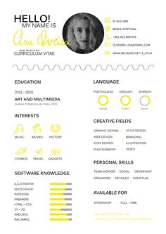 a yellow and white resume with an image of a woman's face on it