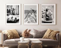 three black and white photographs hang on the wall above a couch