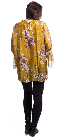 Silk Floral Print Blouse with Bell-Sleeves and Tie at Neck 100% Silk Exterior 95% Viscose, 5% Elastic Interior Made in Italy One Size Yellow Floral Print Silk Tops, Yellow Silk Top With Floral Print, Casual Spring Blouse With Kimono Sleeves, Casual Blouse With Kimono Sleeves For Spring, Casual Long Sleeve Blouse With Set-in Sleeves, Yellow Floral Print Silk Blouse, Yellow Silk Blouse With Floral Print, Spring Blouse With Set-in Sleeves, Casual Spring Tops With Set-in Sleeves