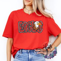 Treat yourself or anyone in your life to this awesome School pride tshirt. It's Eagles game day!!  Great for all occasions.  And great for supporting your eagles team.  Shirt is made of 100% ring spun cotton. Standard unisex sizing.  To get the best wear from your shirt please  1. Wash with mild detergent  2. Do not use fabric softener  3. Do not use bleach 4. Tumble dry low.  5. Do not iron on design.  Please enjoy your shirt as I know we have enjoyed all the ones we have made for ourselves!! Please note that every shirt is made to order and normal processing time takes us 3-5business days to create a shirt and ship out an order; however we strive our very best to get it out sooner!  This shirt is offered in many different color options. If there is a different color you need, message me Pirates Spirit Shirt, Eagle School Spirit Shirts, Elementary Spirit Wear, School Spirit T-shirt For Game Day, School Spirit T-shirt With Team Logo For Cheerleading, Pre-shrunk Sports Fan T-shirt For Game Day, School Spirit Letter Print T-shirt For Game Day, Team Spirit T-shirt With Team Name For College, Team-colored Tops For Game Day