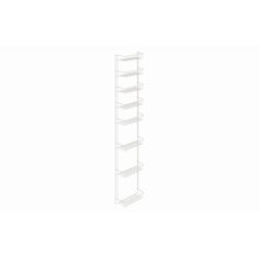 a tall white shelf with five shelves on each side