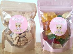 Thank you beary much pink teddy bear baby shower favors for a girl. DIY baby shower favor kit. Just place stickers on bags and fill with treats. Fill goodie bags with peanuts, trail mix, candy, chocolate or anything else. Holds about 1/2 cup of trail mix or 20 kisses. Each sticker is a 1.9 inch circle and precut on a 8.5x11" sheet. Permanent adhesive with a glossy finish. Colored bags are 4" x 6" with 1.75" gusset. Airtight zippered display pouches lock in freshness. Bags are food safe material. Teddy Bear Baby Shower Favors, Bear Baby Shower Favors, Baby Shower Favors Diy, Baby Shower Treats, Baby Shower Girl, Bear Pink, Pink Teddy Bear, Teddy Bear Baby Shower, Pink Teddy