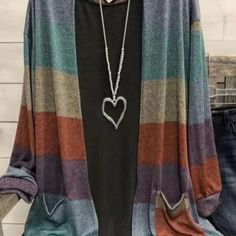 Nwot Women’s Plus Size Open Front Cardigan, Color Block, Brown Winter Knitwear, Boho Cardigan, Loose Cardigan, Cardigan Casual, Cardigan With Pockets, Casual Cardigans, Graphic Tops, Style Cardigan, Striped Cardigan