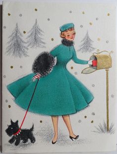 a woman in a green dress is holding a cup and a dog on a leash