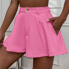 Pinkfrenchy Womens Shorts With Pockets Woven Fabric 100% Polyester High-waisted Solid Color Shorts For Work, High-waisted Shorts For Work, Solid Color Summer Workwear Shorts, Solid Color Workwear Shorts For Summer, Trendy Solid Color Shorts For Spring, Trendy Solid Color Spring Shorts, Pink High-waisted Shorts With Pockets, Chic Solid Color Short Bottoms, Spring Bottoms With Short Inseam In Solid Color