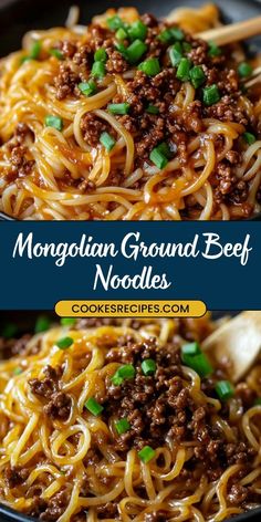 two pictures of noodles with ground beef and green onions