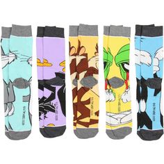 Looney Tunes crew socks guaranteed! Saturday morning cartoons were all the rave back in the day. We enjoyed characters like Bugs Bunny, Daffy Duck, Tazmanian Devil, Marvin the Martian, Sylvester the cat, and many many more! These crew socks can be mix and matched if you dare to be bold. 5 pairs made of stretchy 96% polyesters, 2% spandex and 2% other fiber. Fun Multicolor Character Print Socks, Casual Multicolor Character Print Socks, Character Faces, Tazmanian Devil, Sylvester The Cat, Looney Tunes Characters, Marvin The Martian, Saturday Morning Cartoons, Daffy Duck