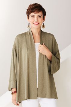 Knit Jacket - A third piece worthy of any occasion. With elegant kimono sleeves, this expressive take on a simple open cardigan is both refined and laid-back. Elegant Spring Kimono For Workwear, Elegant Spring Workwear Kimono, Chic Fall Kimono For Daywear, Spring Batwing Sleeve Solid Outerwear, Elegant Spring Outerwear With Kimono Sleeves, Chic Fall Kimono For Loungewear, Oversized Versatile Spring Cardigan, Elegant Open Front Outerwear For Loungewear, Elegant Open Front Loungewear Outerwear