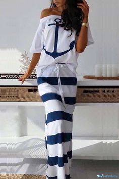 OrcaJump - Stylish Oblique Collar Half Sleeve Two-Piece Casual Print Set Printed Drawstring, Print Skirt, Navy Stripes, Two Piece Dress, Two Piece Sets, Piece Dress, Half Sleeve, Printed Skirts, Stripe Print