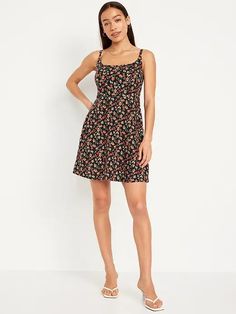 Fit & Flare Cami Mini Dress | Old Navy Casual Suspender Dress With Spaghetti Straps, Casual Mini Length Suspender Dress For Brunch, Casual Mini Suspender Dress For Brunch, Square Neck Sundress With Straps For Brunch, Casual Mini Suspender Dress For Day Out, Casual Suspender Dress For Vacation, Casual Floral Print Mini Suspender Dress, Casual Mini Suspender Dress With Floral Print, Casual Sundress With Straight Neckline For Brunch