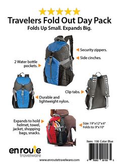 an advertisement for travel backpacks with instructions on how to pack the daypack and other items