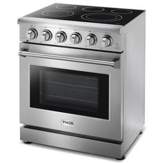 a stainless steel stove with four burners on the front and one oven door open