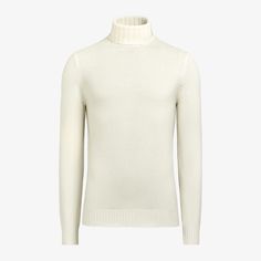 This heavy off-white knitted turtleneck is tailored slim with a ribbed hem and cuffs, and turtleneck collar. Classic High Neck Winter Sweater, Classic High-neck Winter Sweater, Classic Winter Sweater With High Neck, Classic High Neck Sweater For Winter, Classic Solid Color Formal Sweater, White Long Sleeve Turtleneck For Work, Classic Solid Sweater For Formal Occasions, Elegant Solid High-neck Turtleneck, Elegant Beige Winter Turtleneck