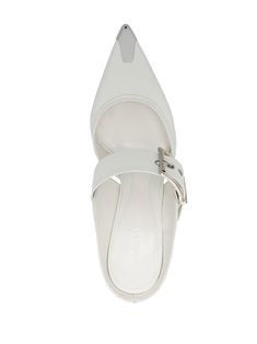 pointed-toe buckled mules from Alexander McQueen featuring white, calf leather, decorative buckle detail, metal toecap, pointed toe, mid heel, branded insole and leather sole. | Alexander McQueen Pointed-Toe Buckled Mules Shoe Closet, Mid Heel, Calf Leather, Alexander Mcqueen, Alexander, Buckle, Heels, Leather, White