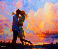 a painting of two people embracing each other in front of a colorful sky with clouds