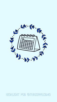 a blue and white drawing of a calendar with leaves in the middle on a light blue background