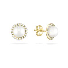 14K Yellow Gold Halo Stud Earrings with 6.5mm White Akoya Pearls and 0.27 Carats (total weight) of Diamonds. The earrings measure approximately 3/8" in diameter. Pearl Halo, Halo Stud Earrings, Detailed Jewelry, Halo Earrings Studs, Freshwater Pearl Bracelet, Freshwater Pearls Earrings, Gold Halo, Jewelry Show, Akoya Pearls