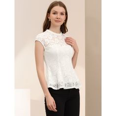 This all-lace top brings elegance to whatever outfit you're putting together. This stylish embroidered lace blouse features crochet lace, a keyhole back with button closure, a trendy round collar design with lace, and a peplum style, and it's great for daily wear, which makes you charming and cool, and is particularly suitable for summer tops. Perfectly pair it with jeans or a skirt for an exquisite look. Crochet Peplum, Lace Peplum Blouse, Sleeve Crochet, Lace Peplum, Peplum Styles, Women's Blouses, Peplum Blouse, Collar Designs, Blouse White