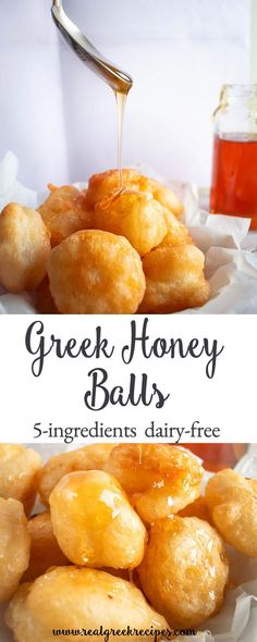 some fried food is being drizzled with honey on top and the words greek honey balls below it