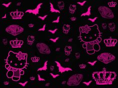 pink hello kitty wallpaper with bats and crowns on black background in the dark room