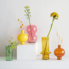 three vases with flowers in them sitting on a white shelf next to each other