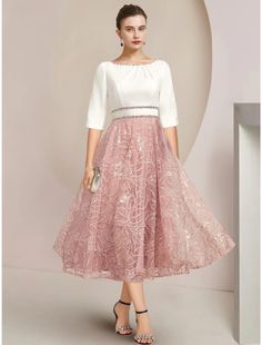 A-Line Mother of the Bride Dress Wedding Guest Elegant Petite Scoop Neck Tea Length Chiffon Lace Half Sleeve with Sequin Ruching Summer A-line Mother Of The Bride Dress, Chiffon A-line Wedding Dress, Pink A-line Chiffon Dress For Wedding, Elegant Pink Chiffon Dress For Wedding Guest, Summer Chiffon Mother Of The Bride Dress, Elegant A-line Chiffon Wedding Dress, Summer A-line Mother Of The Bride Wedding Dress, White Chiffon Dress For Banquet, Elegant Fitted Chiffon Dress With Lace Patchwork