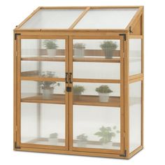 a wooden and glass display case with plants inside