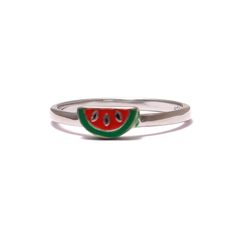 Size & Dimensions:  width of the melon: about 4 mm  length of the melon: about 7 mm  vitamin content: very much  width of the ring bar: about 2 mm  material: 925 sterling silver, enameled, platinum plated It's beautiful and I want it! Just... What is it anyway? When Harry Styles released his song "Watermelon Sugar," it was the epitome of a carefree feather-light summer for me. Just the way you want a summer to be with no strings attached. Inspired by the glorious mood in this song, I created a w Trendy Silver Rings For Summer, Trendy Open Ring Summer Jewelry, Trendy Enamel Round Rings, Summer Watermelon Colored Jewelry For Gift, Watermelon Colored Summer Jewelry Gift, Trendy Silver Enamel Jewelry, Minimalist Summer Ring Jewelry, Summer Stackable Jewelry As Gift, Adjustable Metal Ring Jewelry For Summer