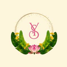 the letter y is surrounded by tropical leaves and flowers, as well as a lotus