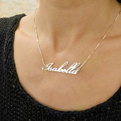 Sterling Silver Nameplate Necklace - Custom Name Necklace - Cursive Namplate - Isabella . . . . . . . . . . . . . . . . . . . . . . . . . . . . . . . . . . . . . . . . . . . . . . . . . . . . . . . . . Looking for a thoughtful gift for your loved one? You will love this high quality Sterling Silver Nameplate necklace. This is a perfect gift for your girlfriend or wife. Personalize it with her name in a beautiful font. This lovely 925 sterling silver custom name necklace is made to order. Choose Nameplate Necklace Silver, Sterling Silver Name Necklace, Handwriting Jewelry, Jewelry Words, Gold Name Necklace, Nameplate Necklace, Buy Necklace, Personalized Pendant, Name Jewelry