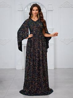 Yisikado Cloak Sleeve Sequin Formal Dress-SSN177-4 Affordable Formal Dresses, Casual Wedding Dresses, Long Sleeve Ball Gowns, Printed Flare Pants, Sequin Formal Dress, Plus Size Formal, Plus Size Formal Dresses, Maxi Gown Dress, Women Formals