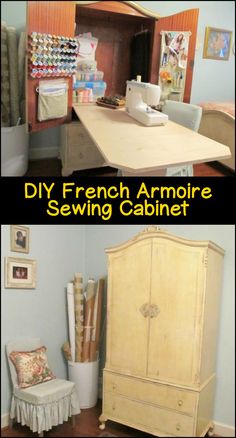 an old dresser is turned into a sewing cabinet