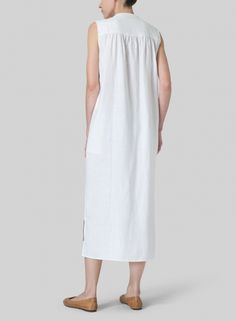 Linen Slip On Dress Comfortable Beige Summer Slip-ons, Daywear Linen Dress With Slip Pockets, Spring Linen Midi-length Slip Dress, Summer Linen V-neck Slip Dress, Relaxed Fit V-neck Linen Dress, Easy Breezy, Mandarin Collar, Natural Linen, Everyday Fashion